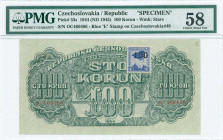 CZECHOSLOVAKIA: Specimen of 100 Korun (ND 1945 - old date 1944) in green on light green unpt. S/N: "OC 466486". Perfin "SPECIMEN" at bottom center. Bl...