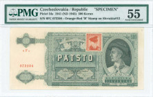 CZECHOSLOVAKIA: Specimen of 500 Korun (ND 1945 - old date 12.7.1944) in dark green with Arms with two doves at upper center and portrait of young man ...
