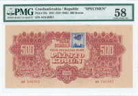 CZECHOSLOVAKIA: Specimen of 500 Korun (ND 1945 - old date 1944) in red on light brown unpt. S/N: "AO 146381". Two perfins "SPECIMEN" at bottom center....