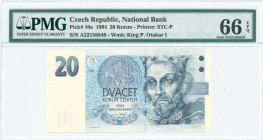 CZECH REPUBLIC: 20 Korun (1994) in blue-black and gray on light blue unpt with King Premysl Otakar I at right. S/N: "A22 158849". WMK: King Premysl Ot...