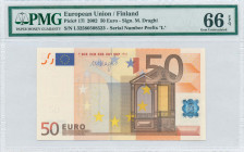 EUROPEAN UNION / FINLAND: 50 Euro (2017) in orange and multicolor with gate in renaissance architecture at center right. Radar S/N: "L32580508523". Pr...