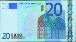 EUROPEAN UNION / PORTUGAL: 20 Euro (2002) in blue and multicolor with gate in gothic architecture. S/N: "M01854102775". Printing press and plate "H005...
