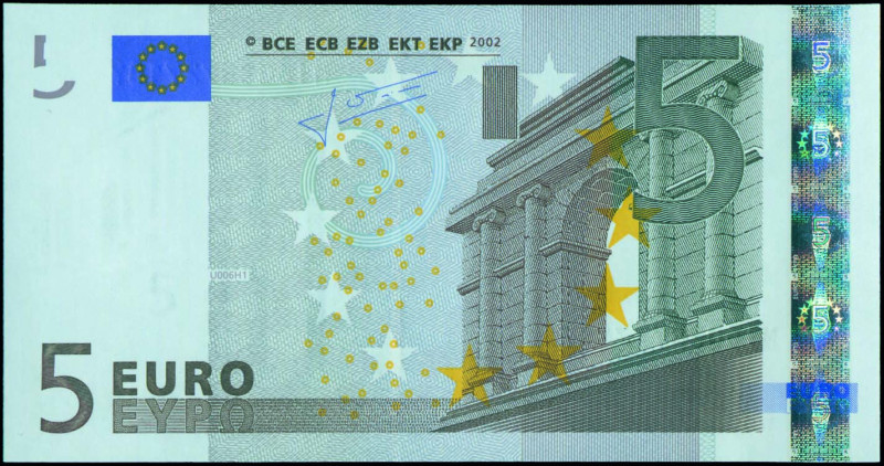 EUROPEAN UNION / PORTUGAL: 2x 5 Euro (2002) in gray and multicolor with gate in ...