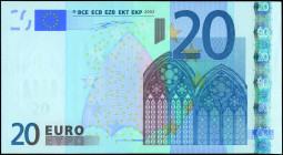 EUROPEAN UNION / SPAIN: 20 Euro (2002) in blue and multicolor with gate in gothic architecture. S/N: "V11873960311". Printing press and plate "M010H2"...