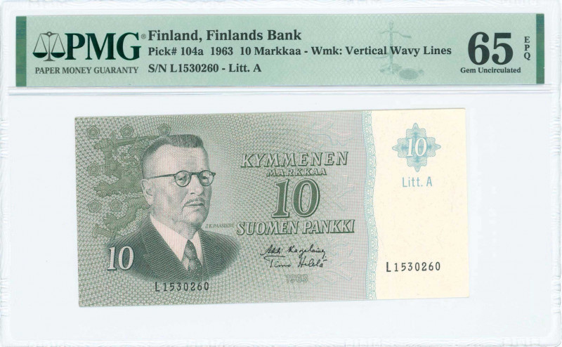 FINLAND: 10 Markkaa (1963) in dark green and blue with Juho Kusti Paasikivi at l...