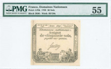FRANCE / DOMAINES NATIONAUX: 50 Sols (23.5.1793) in black with two allegorical women at lower left and lower right. S/N: "2896". WMK: "RF/50s". Inside...