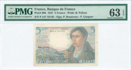 FRANCE: 5 Francs (30.10.1947) in blue, green and multicolor with Pyrenean shepherd at right. S/N: "P.147 16149". WMK: Palissy. Signatures by Rousseau ...