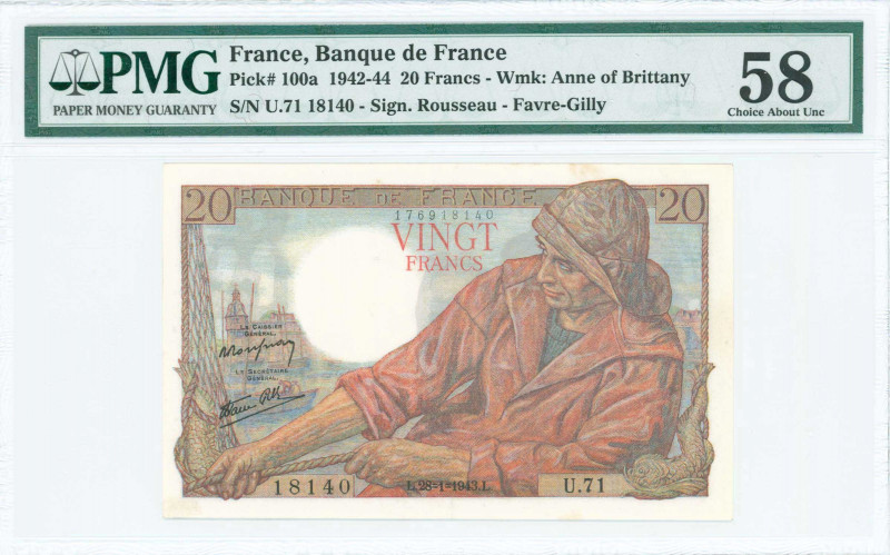 FRANCE: 20 Francs (28.1.1943) in red and multicolor with Berton fisherman at rig...