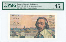 FRANCE: 10 Nouveaux Francs (5.3.1959) in multicolor with Cardinal Richelieu at right and Palais Royal in background. S/N: "K.15 53965". WMK: Cardinal ...