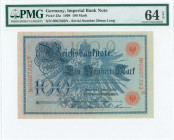 GERMANY: 100 Mark (7.2.1908) in dark blue on light blue unpt with imperial eagle in unpt. Red S/N: "0607562N" in 29mm length. Inside holder by PMG "Ch...
