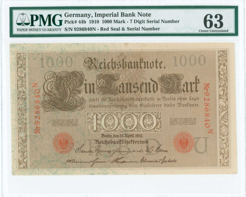 GERMANY: 1000 Mark (21.4.1910) in brown. Seven digit S/N: "9286840N". Inside hol...