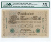 GERMANY: 1000 Mark (21.4.1910) in dark brown on tan unpt with green seal. Seven digit S/N "5035336B". Inside holder by PMG "About Uncirculated 55 - EP...