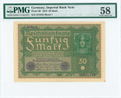 GERMANY: 50 Mark (24.6.1919) in green on light brown unpt with woman at upper right. S/N: "I 221553". Inside holder by PMG "Choice About Unc 58". (Pic...