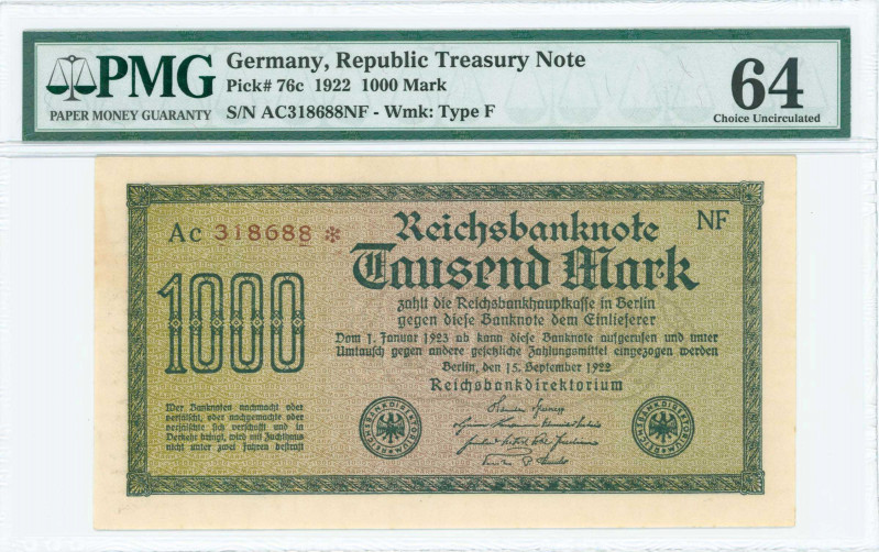 GERMANY: 1000 Mark (15.9.1922) in dark green on green and lilac unpt on white pa...