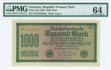 GERMANY: 1000 Mark (15.9.1922) in dark green on green and lilac unpt on pale green paper. S/N: "D 747979 OM". WMK: Type J. Inside holder by PMG "Choic...