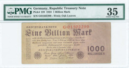 GERMANY: 1 Billion Mark (1.11.1923) in brown-violet with lilac tint at right. S/N: "G 01502299". Uniface. WMK: Oak Leaves. Inside holder by PMG "Choic...