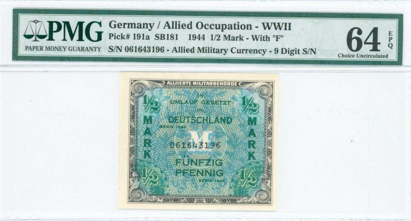 GERMANY: 1/2 Mark (1944) of Allied Military Currency in green on light blue unpt...