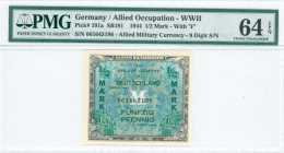 GERMANY: 1/2 Mark (1944) of Allied Military Currency in green on light blue unpt. Nine digit S/N: "061643196" with "f". Inside holder by PMG "Choice U...
