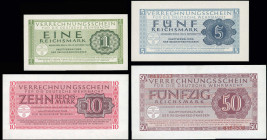 Germany: Complete set of 4 values including 1 Reichsmark, 5 Reichsmark, 10 Reichsmark and 50 Reichsmark (1944) of Wehrmacht clearing notes for German ...