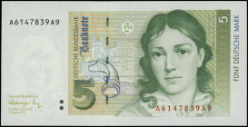 GERMANY / FEDERAL REPUBLIC: 5 Deutsche Mark (1.8.1991) in green and olive-green on multicolor unpt with Bettina von Arnim (1785-1859) at right. S/N: "...