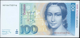 GERMANY / FEDERAL REPUBLIC: 100 Deutsche Mark (1.8.1991) in deep blue and violet on multicolor unpt with Clara Schumann at center right. S/N: "DD 1647...