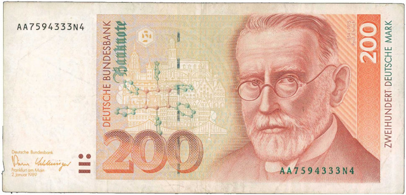 GERMANY / FEDERAL REPUBLIC: 200 Deutsche Mark (2.1.1989) in red-orange and blue ...