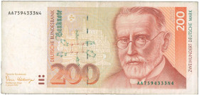 GERMANY / FEDERAL REPUBLIC: 200 Deutsche Mark (2.1.1989) in red-orange and blue on multicolor unpt with Paul Ehrlich at right. S/N: "AA 7594333 N4". W...