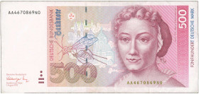 GERMANY / FEDERAL REPUBLIC: 500 Deutsche Mark (1.8.1991) in red-violet and blue on multicolor unpt with Maria Sibylla Merian at right. S/N: "AA 467086...