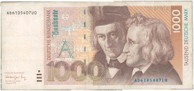 GERMANY / FEDERAL REPUBLIC: 1000 Deutsche Mark (1.8.1991) in deep brown-violet and blue-green on multicolor unpt with Wilhelm and Jakob Grimm at cente...