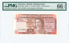 GIBRALTAR: 1 Pound (4.8.1988) in brown and red on multicolor unpt with Queen Elizabeth II at center right. S/N: "L574464". WMK: Queen Elizabeth II. Pr...