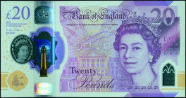 GREAT BRITAIN: 2x 20 Pounds (2018) in pink with Queen Elizabeth II at right. Consecutive S/N: "BH76 893468 / 893469". (Pick 396). Uncirculated.