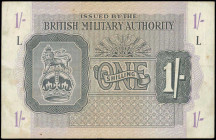 GREAT BRITAIN: 1 Shilling (ND 1943) in black on gray and violet unpt with crown and lion at left. Block "L". Stains and pressed. (Pick M2). About Very...