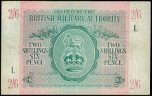 GREAT BRITAIN: 2 Shillings-6 Pence (ND 1943) in green on pink unpt with crown and lion at center. Block "L". Stains, pressed and slightly worn out mar...