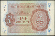 GREAT BRITAIN: 5 Shillings (ND 1943) in brown on blue and green unpt with crown and lion at right. Block "L". Pressed. (Pick M4). Very Fine.