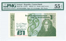 IRELAND: 1 Pound (24.4.87) in dark olive-green on multicolor unpt with Queen Medb at right. S/N: "BEJ244696". WMK: Lady Lavery. Signatures by OCofaigh...