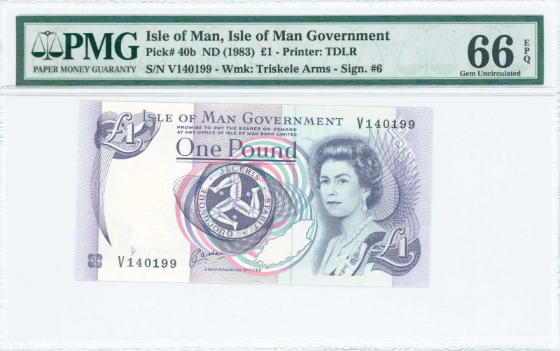 ISLE OF MAN: 1 Pound (ND 1983) in purple on multicolor unpt with Queen Elizabeth...