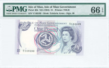 ISLE OF MAN: 1 Pound (ND 1983) in purple on multicolor unpt with Queen Elizabeth II at right. S/N: "V140199". WMK: Triskelion. Signature by Cashen. Pr...