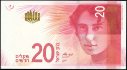 ISRAEL: 20 New Sheqalim (2017) in red and pink with Rachel Bluwstein at right. S/N: "0391074285". Pressed. (Pick 65a). Extra Fine.