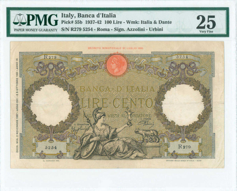 ITALY: 100 Lire (2.11.1937) in olive and brown with Roma reclining with spear an...