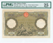 ITALY: 100 Lire (2.11.1937) in olive and brown with Roma reclining with spear and shield holding Victory, wolf with twins at bottom center. S/N: "R279...