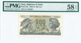 ITALY: 500 Lire (20.6.1966) in dark gray on blue and multicolor unpt with eagle with snake at left and Arethusa at right. S/N: "G11 384867". Inside ho...