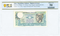 ITALY: 500 Lire (Law 14.12.1974 / 2.4.1979) in grayish purple on blue and multicolor unpt with Mercury at right. S/N: "I31 117790". WMK: Star in wreat...