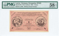 LATVIA: 1 Punkt (1945) in pink with villagers at left and right. Printed by LWR. Inside holder by PMG "Choice About Unc 58 - EPQ". (Ros #LE76c).