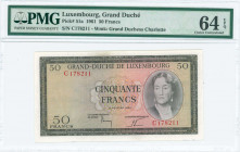 LUXEMBOURG: 50 Francs (6.2.1961) in brown on multicolor unpt with portrait of Grand Duchess Charlotte at right. S/N: "C 178211". WMK: Grand Duchess Ch...
