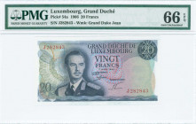 LUXEMBOURG: 20 Francs (7.3.1966) in blue on multicolor unpt with portrait of Grand Duke Jean at left. S/N: "J 282843". WMK: Grand Duke Jean. Inside ho...