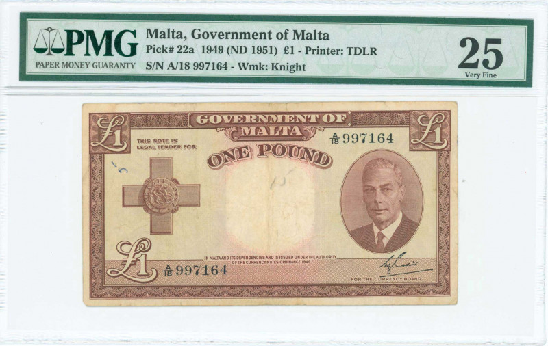 MALTA: 1 Pound (Law 1949 / ND 1951) in brown with English George Cross at left a...