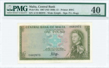 MALTA: 1 Pound (Law 1967 / ND 1969) in olive-green on multicolor unpt with Queen Elizabeth II at right and cross at center. S/N: "A/13 602975". WMK: K...