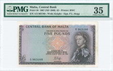 MALTA: 5 Pounds (Law 1967 / ND 1968) in brown and violet on multicolor unpt with Queen Elizabeth II at right and cross at center. S/N: "A/2 963160". W...