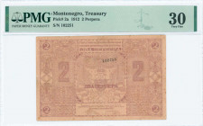 MONTENEGRO: 2 Perpera (1.10.1912) in lilac with Arms at center. S/N: "102251". Inside holder by PMG "Very Fine 30". (Pick 2a).