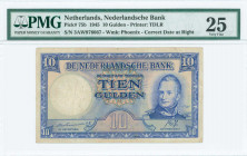 NETHERLANDS: 10 Gulden (7.5.1945) in blue on multicolor unpt with portrait of King William I at right. S/N: "3AW976667". WMK: Phoenix. Printed by TDLR...